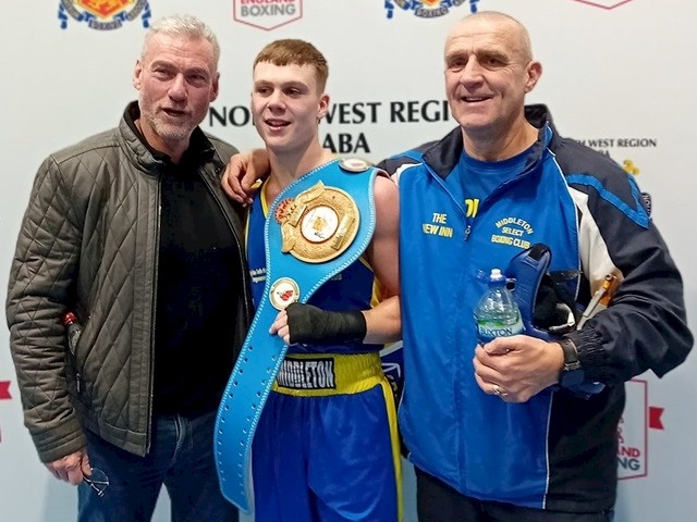 Roman Scraggs with coach Martyn Lynch and dad Pete Scraggs