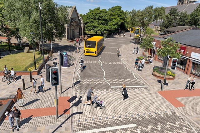 CGI showing proposed improved crossing, pavements and bus route in Heywood town centre